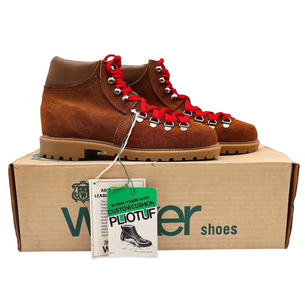 Walker Hiking Boots Kids 4 Vintage 70s Brown Suede Red Laces Pliotuf USA New